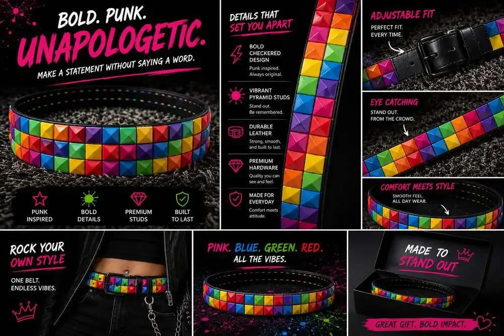 Rainbow Pyramid Studded Punk Style Leather Belt